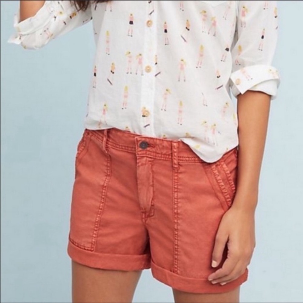 Anthropologie The Wanderer Cargo Shorts Pockets Orange Red Sz 25